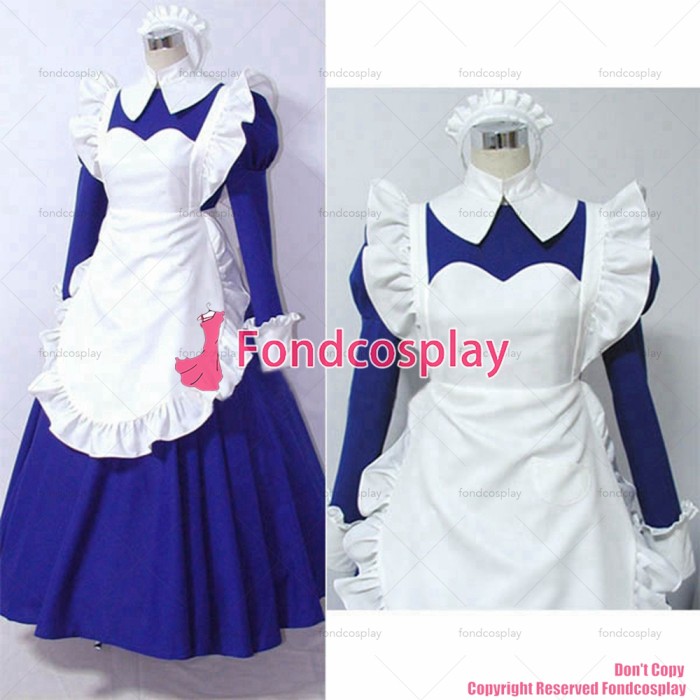 fondcosplay adult sexy cross dressing sissy maid long blue Dress Cotton white apron Uniform Peter Pan collar CD/TV[CK516]