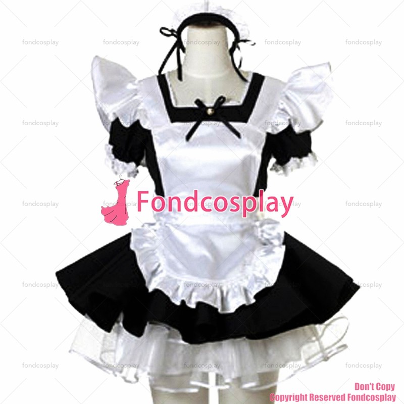 fondcosplay adult sexy cross dressing sissy maid short black Satin Dress Uniform white apron Costume CD/TV[CK902]