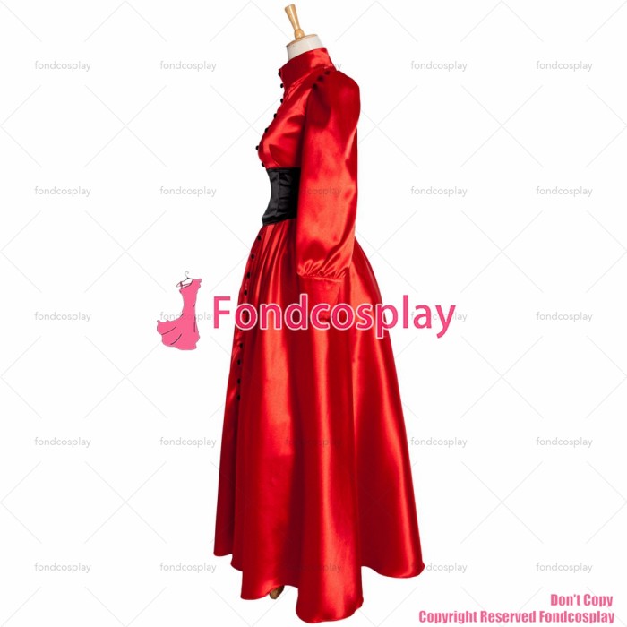 fondcosplay adult sexy cross dressing sissy maid long French Satin red lockable dress Uniform costume black corset CD/TV[G1015]