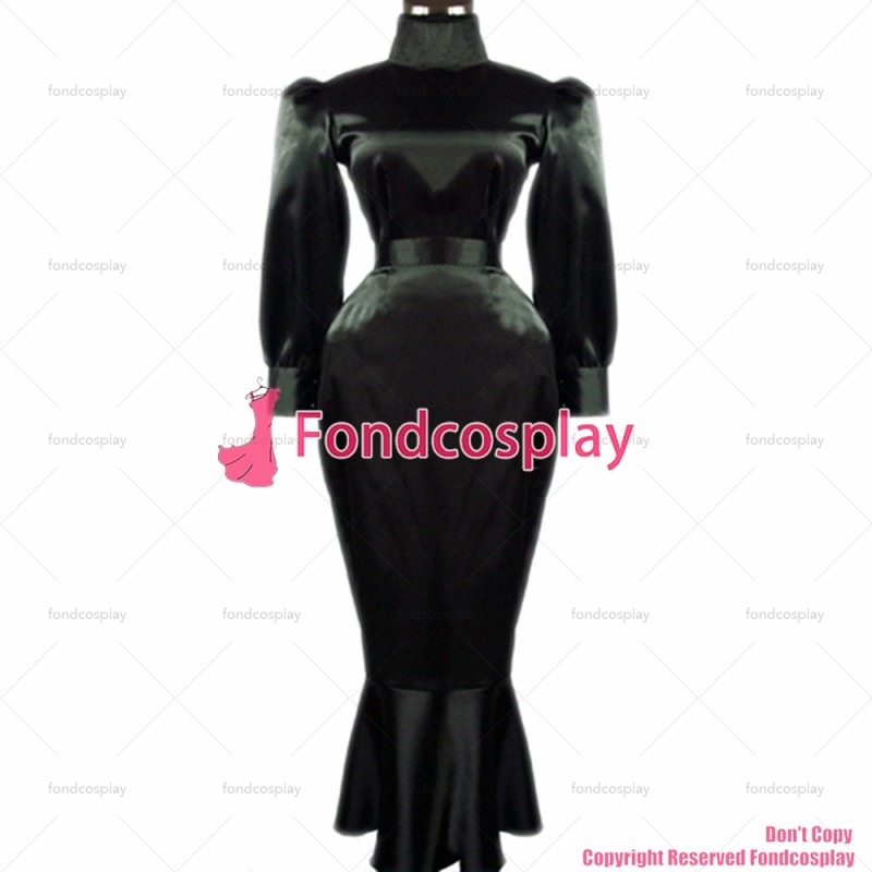 fondcosplay adult sexy cross dressing sissy maid Lockable Fetish black Satin shirt skirt Uniform Costume CD/TV[G060]