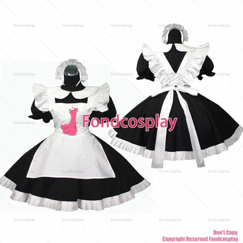 fondcosplay adult sexy cross dressing sissy maid short Lockable Black Cotton Dress white apron Costume Uniform[G029]