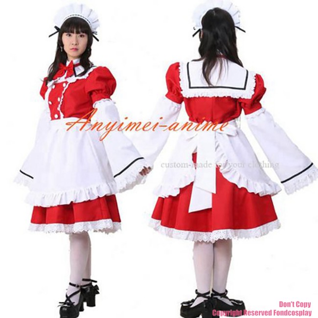 fondcosplay adult sexy cross dressing sissy maid short red Cotton Dress white apron Uniform Cosplay Costume CD/TV[CK1044]