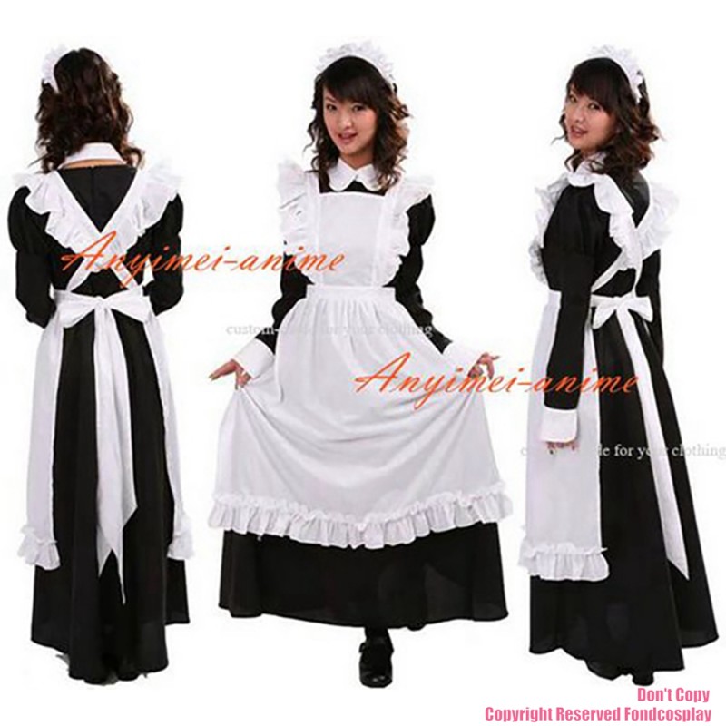 fondcosplay adult sexy cross dressing sissy maid long black Cotton Lockable Dress Maid Uniform white apron CD/TV[CK1219]