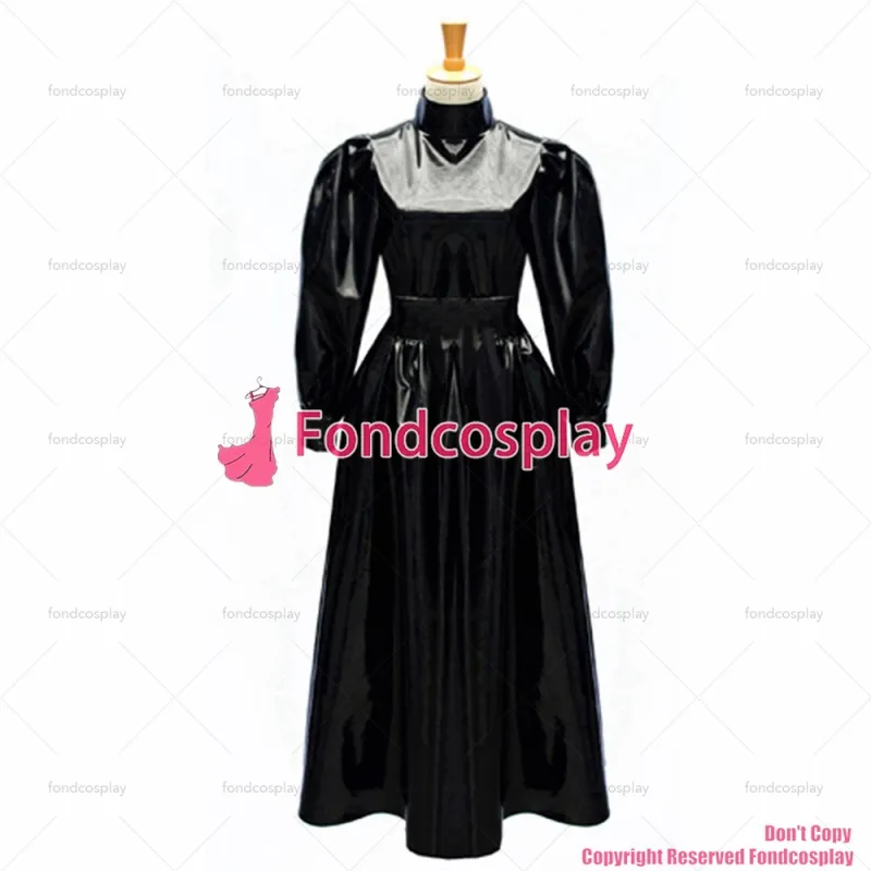 fondcosplay adult sexy cross dressing sissy maid long Fetish Black heavy Pvc Dress Uniform Costume CD/TV[G054]
