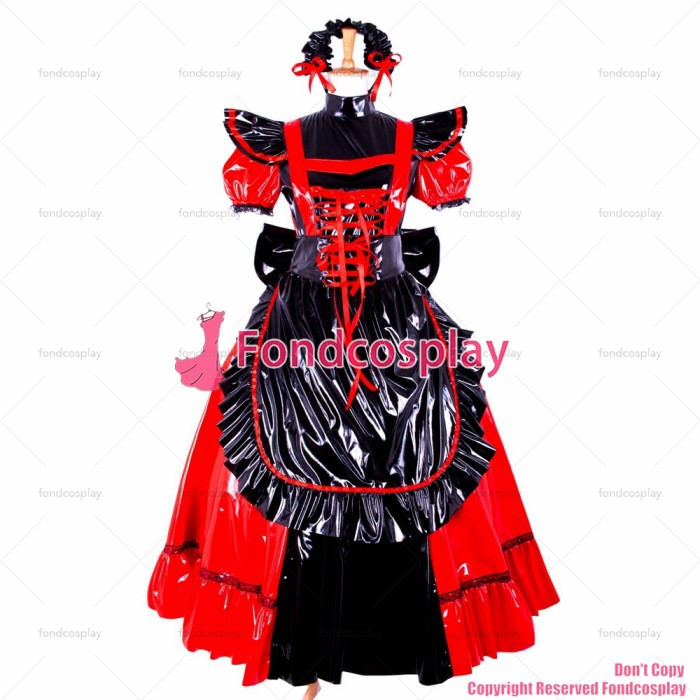 fondcosplay adult sexy cross dressing sissy maid long Dress red black thin Pvc Lockable Uniform Costume CD/TV[CK792]