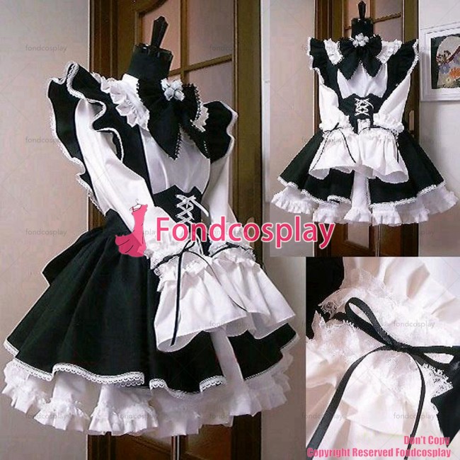 fondcosplay adult sexy cross dressing sissy maid short white cotton Dress Uniform black apron Costume Custom-made CD/TV[CK011]