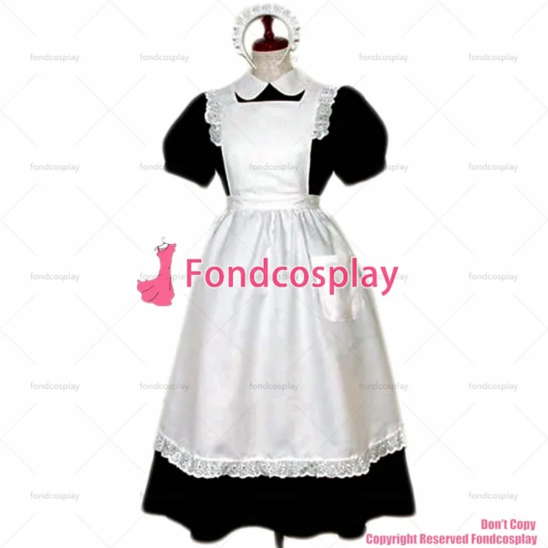 fondcosplay adult sexy cross dressing sissy maid long black Cotton Dress Uniform white apron Costume CD/TV[CK816]