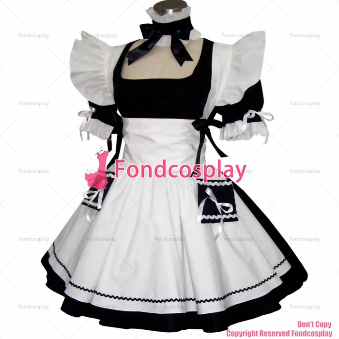 fondcosplay adult sexy cross dressing sissy maid short black Cotton Dress Uniform white apron Costume CD/TV[CK830]