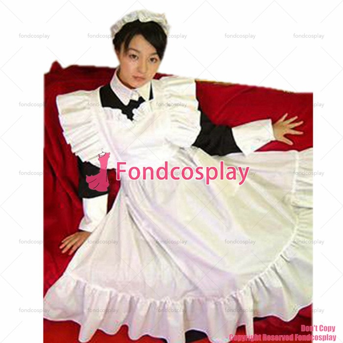 fondcosplay adult sexy cross dressing sissy maid long Lockable black Cotton Dress Uniform white apron CD/TV[CK1238]