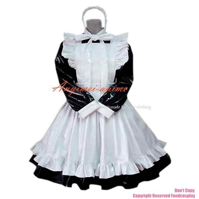 fondcosplay adult sexy cross dressing sissy maid short black thin Pvc white apron Lockable Dress Uniform CD/TV[CK929]