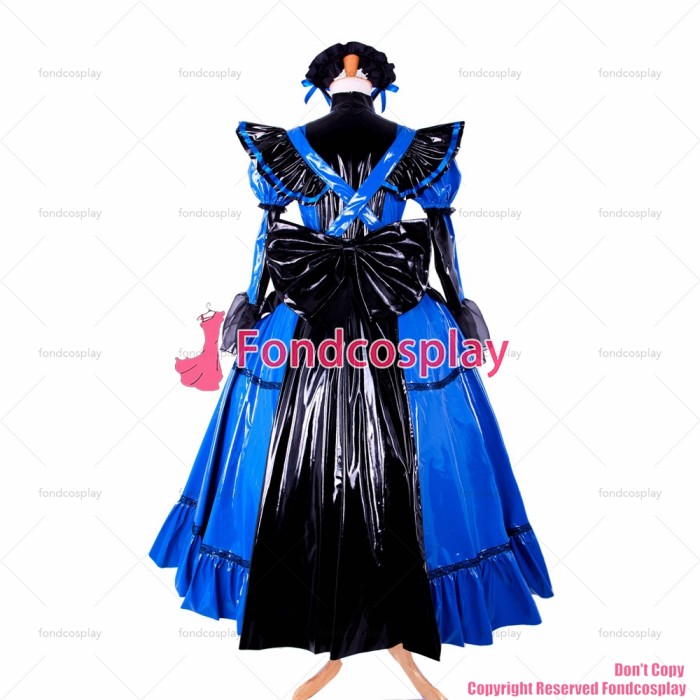 fondcosplay adult sexy cross dressing sissy maid long Dress Lockable blue thin Pvc Uniform black apron CD/TV[CK791]
