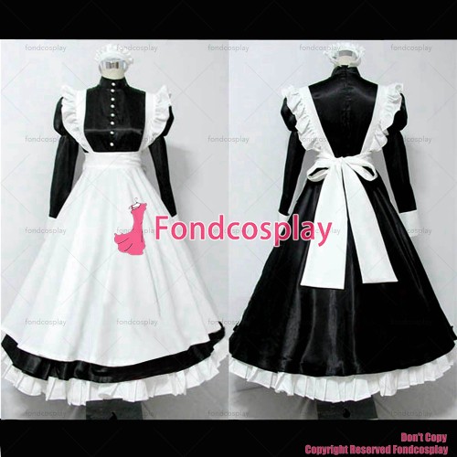 fondcosplay adult sexy cross dressing sissy maid long Dress black Satin Lockable white apron Uniform Costume CD/TV[CK514]