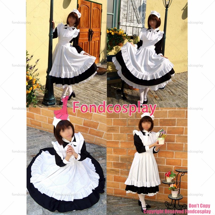 fondcosplay adult sexy cross dressing sissy maid long black Dress Cotton Uniform white apron Costume CD/TV[CK355]