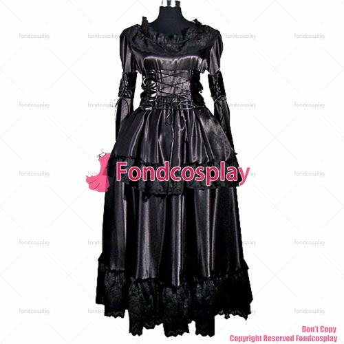 fondcosplay adult sexy cross dressing sissy maid long French black Satin  lockable dress corset Uniform costume CD/TV[G012]