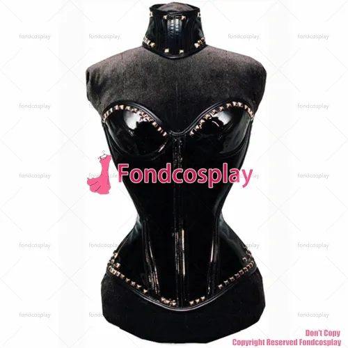 fondcosplay adult sexy cross dressing sissy maid Boned Gothic Vinyl heavy Pvc Corset With Collar Club Corset CD/TV[CK1183]