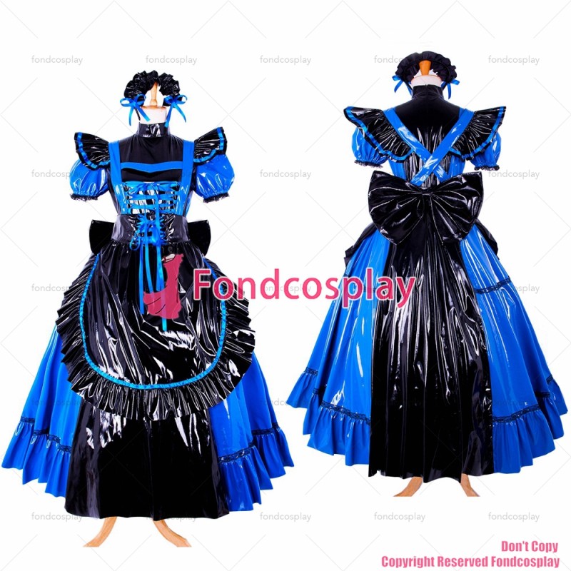 fondcosplay adult sexy cross dressing sissy maid long Dress Lockable blue thin Pvc Uniform black apron CD/TV[CK791]
