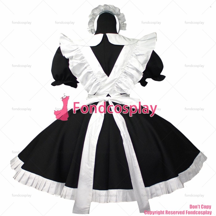 fondcosplay adult sexy cross dressing sissy maid short Lockable Black Cotton Dress white apron Costume Uniform[G029]