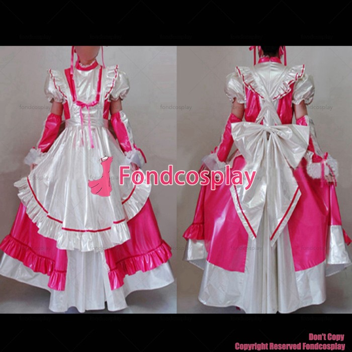 fondcosplay adult sexy cross dressing sissy maid long hot pink thin Pvc Lockable Dress Uniform Costume CD/TV[CK905]
