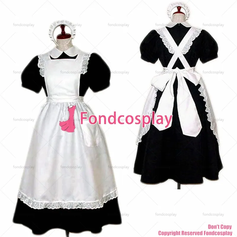 fondcosplay adult sexy cross dressing sissy maid long black Cotton Dress Uniform white apron Costume CD/TV[CK816]