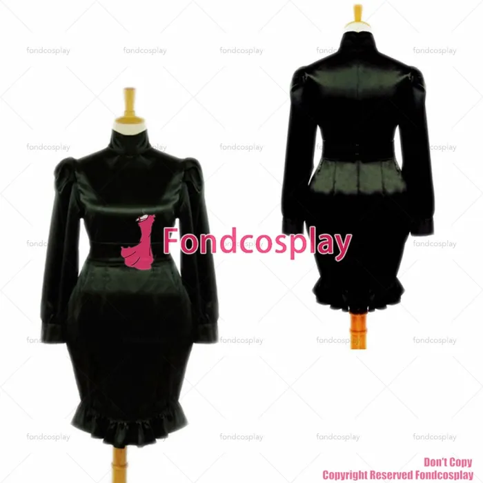 fondcosplay adult sexy cross dressing sissy maid short French Satin black shirt skirt Lockable Uniform Costume CD/TV[G050]