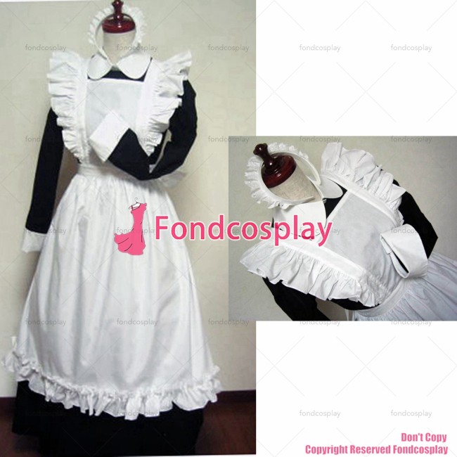 fondcosplay adult sexy cross dressing sissy maid long black Cotton Dress white apron Uniform Peter Pan collar CD/TV[CK814]