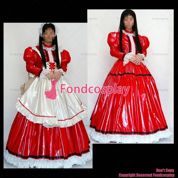 fondcosplay adult sexy cross dressing sissy maid long Sexy Red thin Pvc Lockable Dress Uniform Costume CD/TV[CK948]