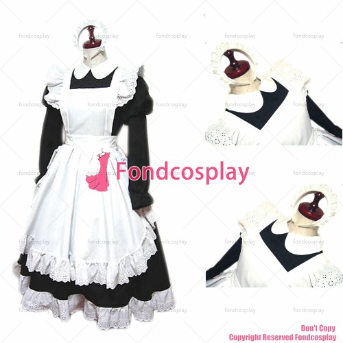 fondcosplay adult sexy cross dressing sissy maid long black Cotton Lockable Dress Uniform white apron Costume CD/TV[CK761]