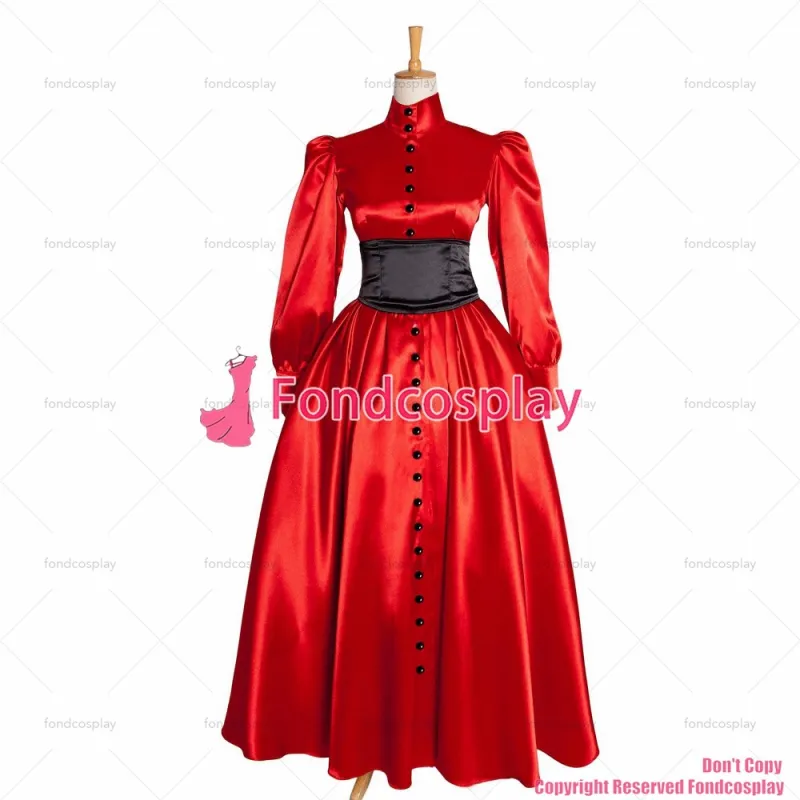 fondcosplay adult sexy cross dressing sissy maid long French Satin red lockable dress Uniform costume black corset CD/TV[G1015]