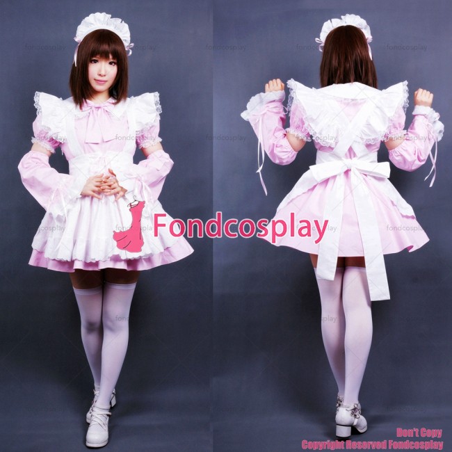 fondcosplay adult sexy cross dressing sissy maid short pink Cotton Dress Uniform white apron Costume CD/TV[CK811]