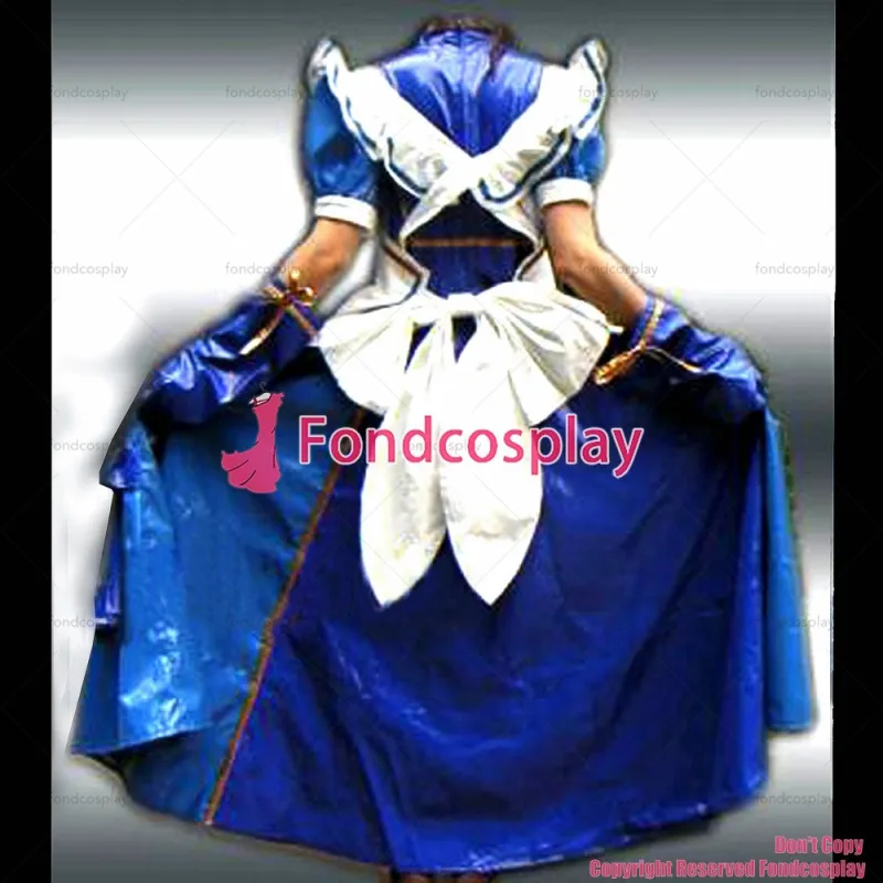 fondcosplay adult sexy cross dressing sissy maid long blue thin Pvc Lockable Dress Uniform Cosplay Costume CD/TV[CK939]