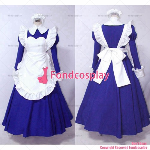 fondcosplay adult sexy cross dressing sissy maid long blue Dress Cotton white apron Uniform Peter Pan collar CD/TV[CK516]