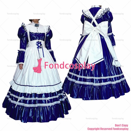 fondcosplay adult sexy cross dressing sissy maid long blue thin Pvc Lockable Dress Uniform white apron CD/TV[CK960]