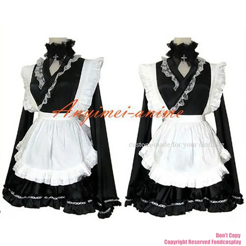fondcosplay adult sexy cross dressing sissy maid short black satin Dress Uniform white apron Costume CD/TV[CK1151]