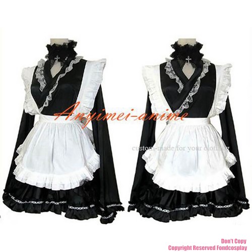 fondcosplay adult sexy cross dressing sissy maid short black satin Dress Uniform white apron Costume CD/TV[CK1151]