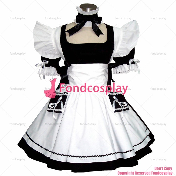 fondcosplay adult sexy cross dressing sissy maid short black Cotton Dress Uniform white apron Costume CD/TV[CK830]