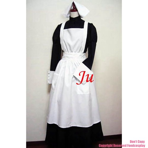 fondcosplay adult sexy cross dressing sissy maid long black Cotton Lockable Dress Uniform white apron Costume CD/TV[CK762]