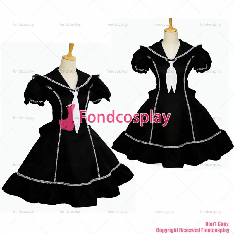 fondcosplay adult sexy cross dressing sissy maid black cotton dress lockable school uniform white tie costume CD/TV[G079]