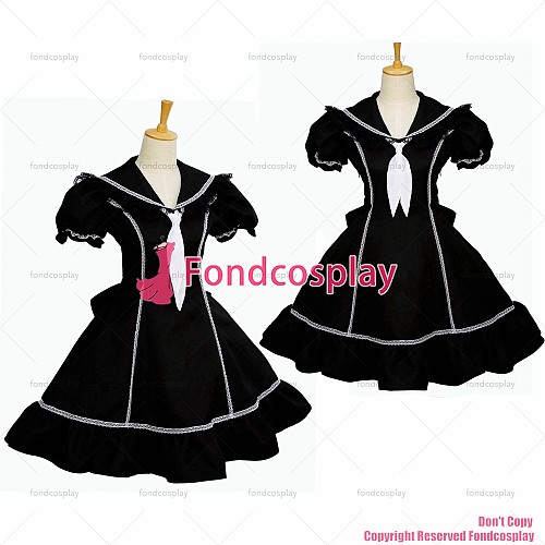fondcosplay adult sexy cross dressing sissy maid black cotton dress lockable school uniform white tie costume CD/TV[G079]