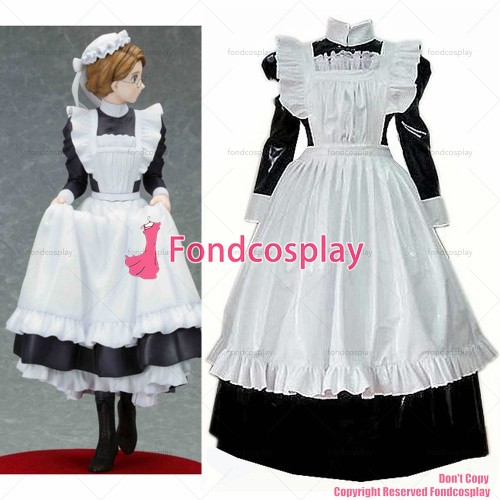 fondcosplay adult sexy cross dressing sissy maid long black thin PVC lockable dress Uniform white apron CD/TV[CK129]