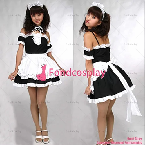 fondcosplay adult sexy cross dressing sissy maid short black cotton Dress Uniform white apron Costume CD/TV[CK049]