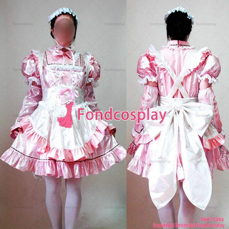 fondcosplay adult sexy cross dressing sissy maid long baby pink thin Pvc Lockable Dress Uniform apron Costume CD/TV[CK949]