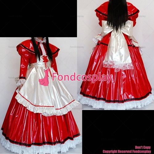 fondcosplay adult sexy cross dressing sissy maid long Sexy Red thin Pvc Lockable Dress Uniform Costume CD/TV[CK948]