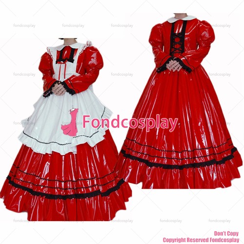 fondcosplay adult sexy cross dressing sissy maid long Red thin Pvc Lockable Dress Uniform white apron Costume CD/TV[CK961]
