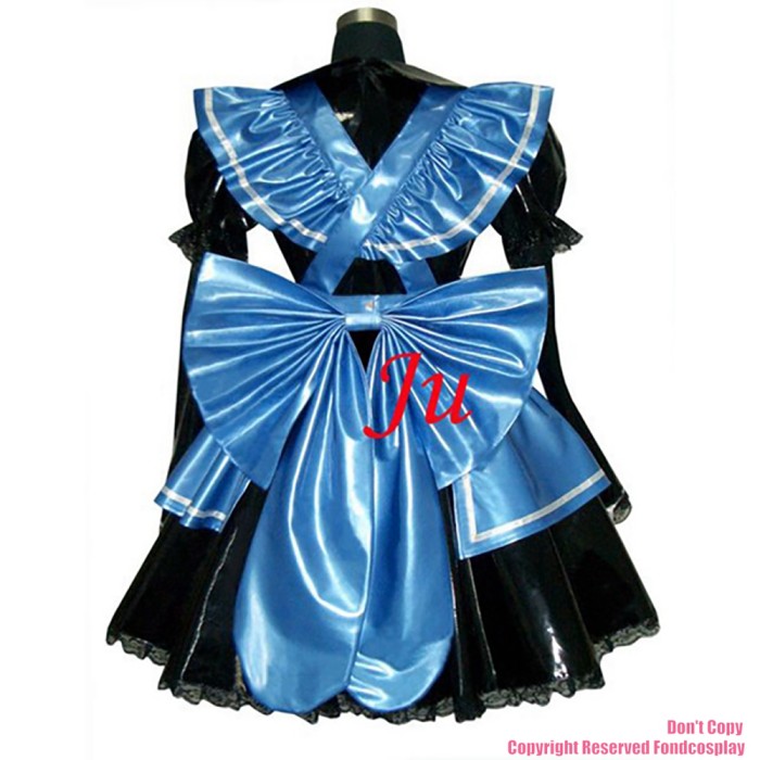 fondcosplay adult sexy cross dressing sissy maid short black thin Pvc Lockable Dress Uniform blue apron CD/TV[CK851]