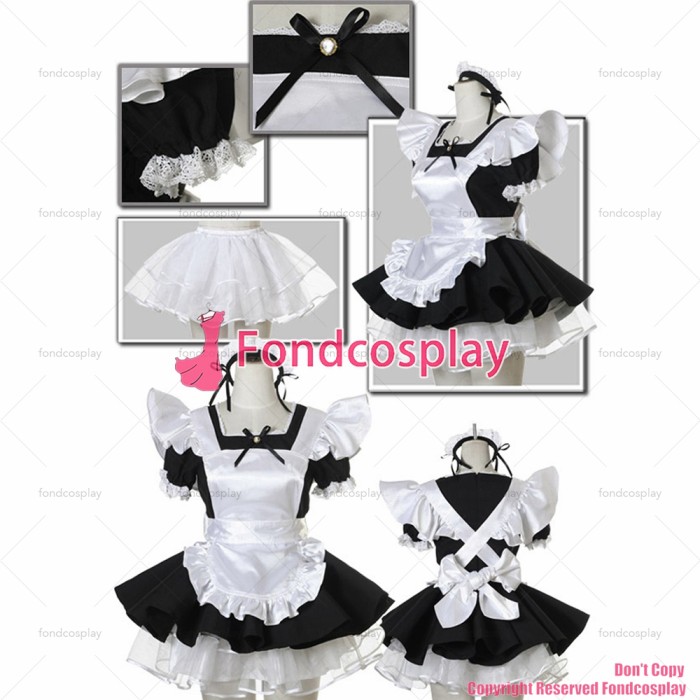 fondcosplay adult sexy cross dressing sissy maid short black Satin Dress Uniform white apron Costume CD/TV[CK902]