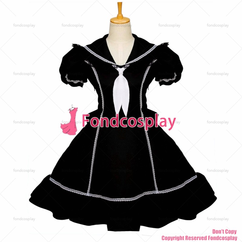 fondcosplay adult sexy cross dressing sissy maid black cotton dress lockable school uniform white tie costume CD/TV[G079]