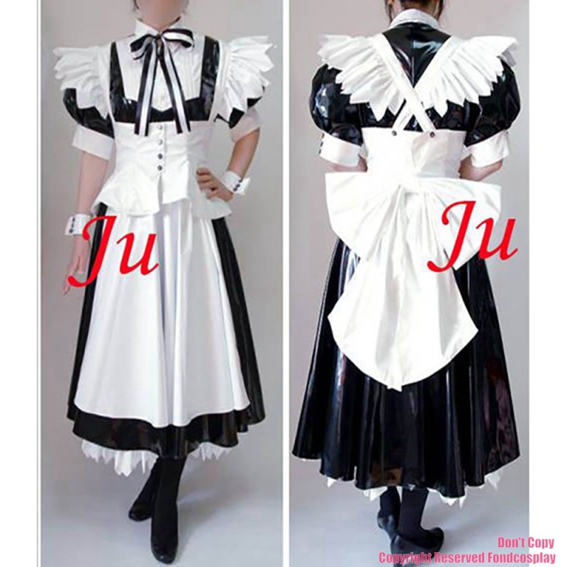fondcosplay adult sexy cross dressing sissy maid long blakc thin Pvc white apron Lockable Dress Uniform CD/TV[CK904]