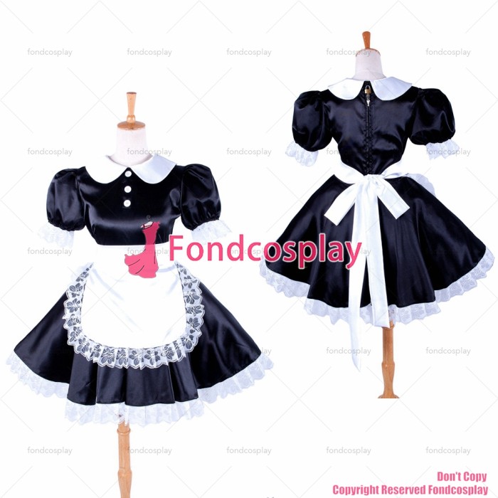fondcosplay adult sexy cross dressing sissy maid short black satin dress lockable Uniform white apron costume CD/TV[G027]