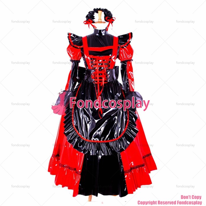fondcosplay adult sexy cross dressing sissy maid long Dress red black thin Pvc Lockable Uniform Costume CD/TV[CK792]