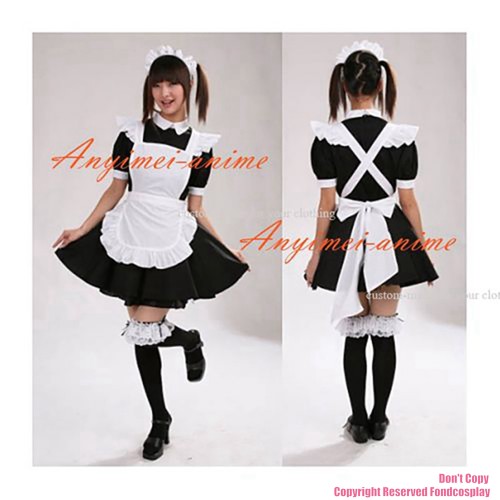 fondcosplay adult sexy cross dressing French sissy maid black Cotton Lockable Dress Uniform white apron CD/TV[CK1220]